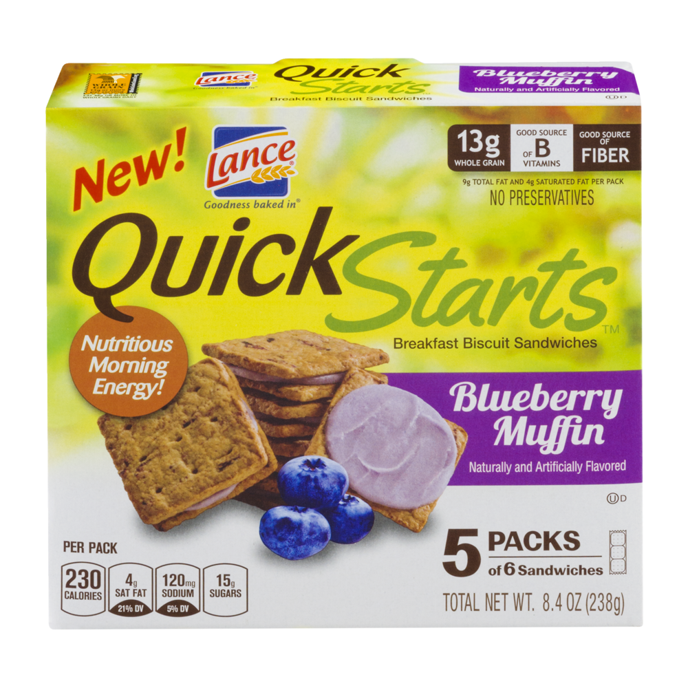 slide 1 of 6, Lance Quick Starts Blueberry Muffin Breakfast Biscuit Sandwiches, 8.4 oz