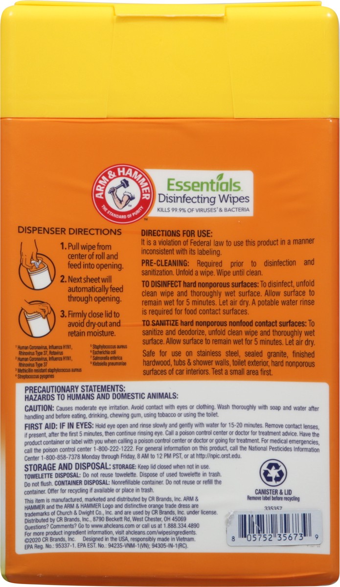 slide 3 of 12, ARM & HAMMER Essentials Disinfecting Lemon Orchard Wet Wipes 110 ea, 110 ct