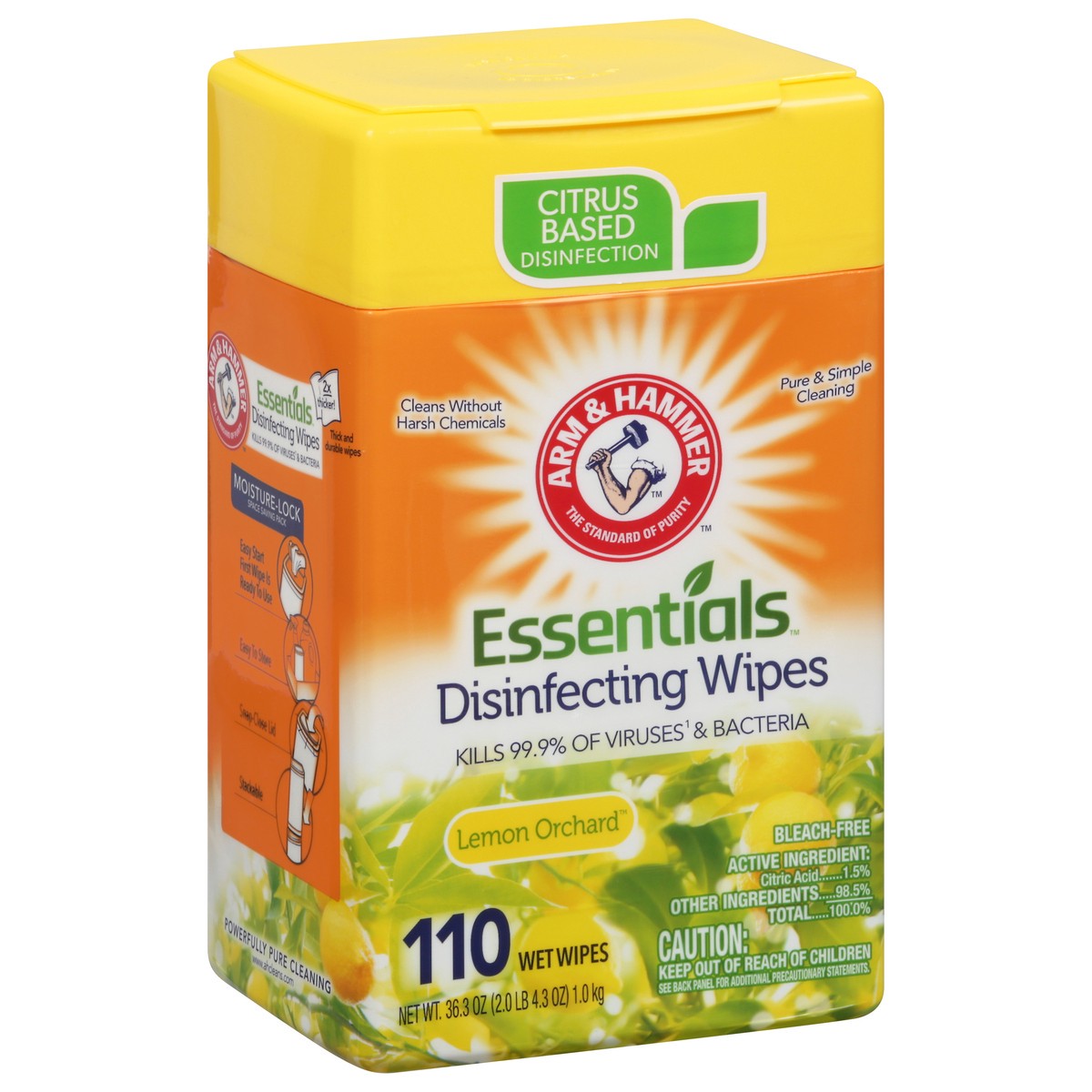 slide 12 of 12, ARM & HAMMER Essentials Disinfecting Lemon Orchard Wet Wipes 110 ea, 110 ct