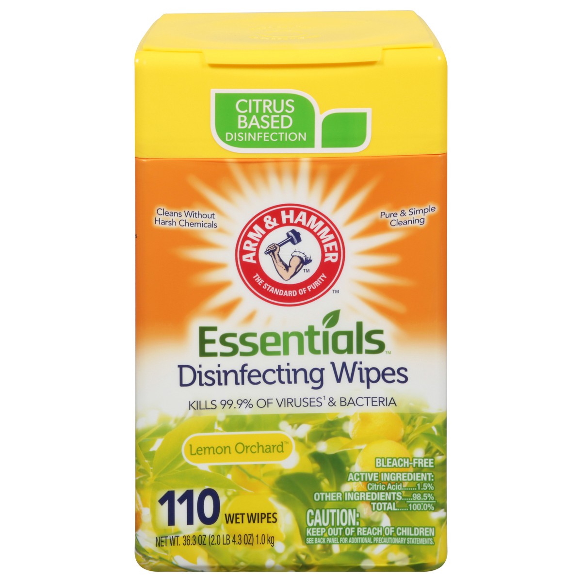 slide 1 of 12, ARM & HAMMER Essentials Disinfecting Lemon Orchard Wet Wipes 110 ea, 110 ct