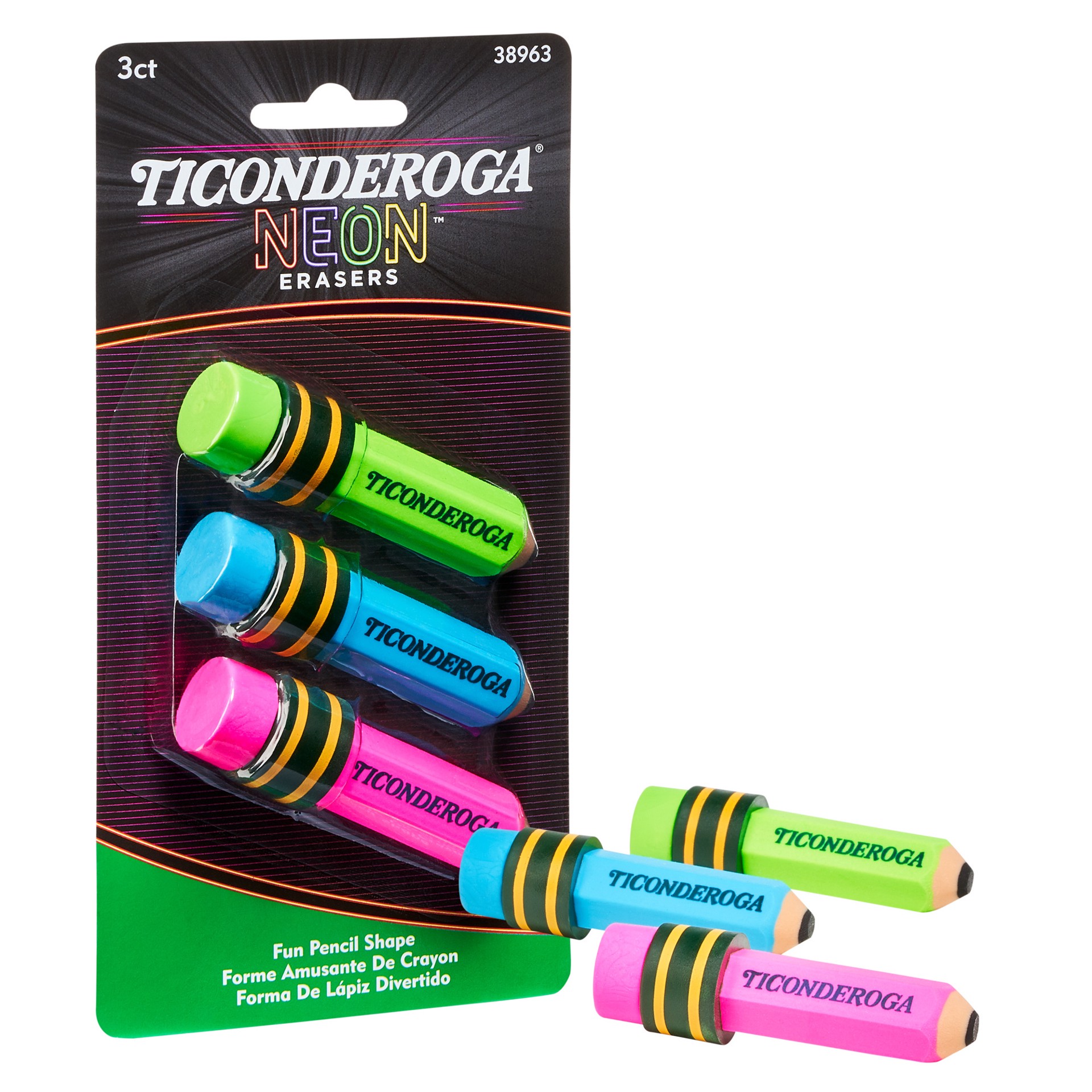 slide 4 of 5, Ticonderoga  Erasers Neon 3 CT, Neon Assorted, 3 Ct, 3 ct