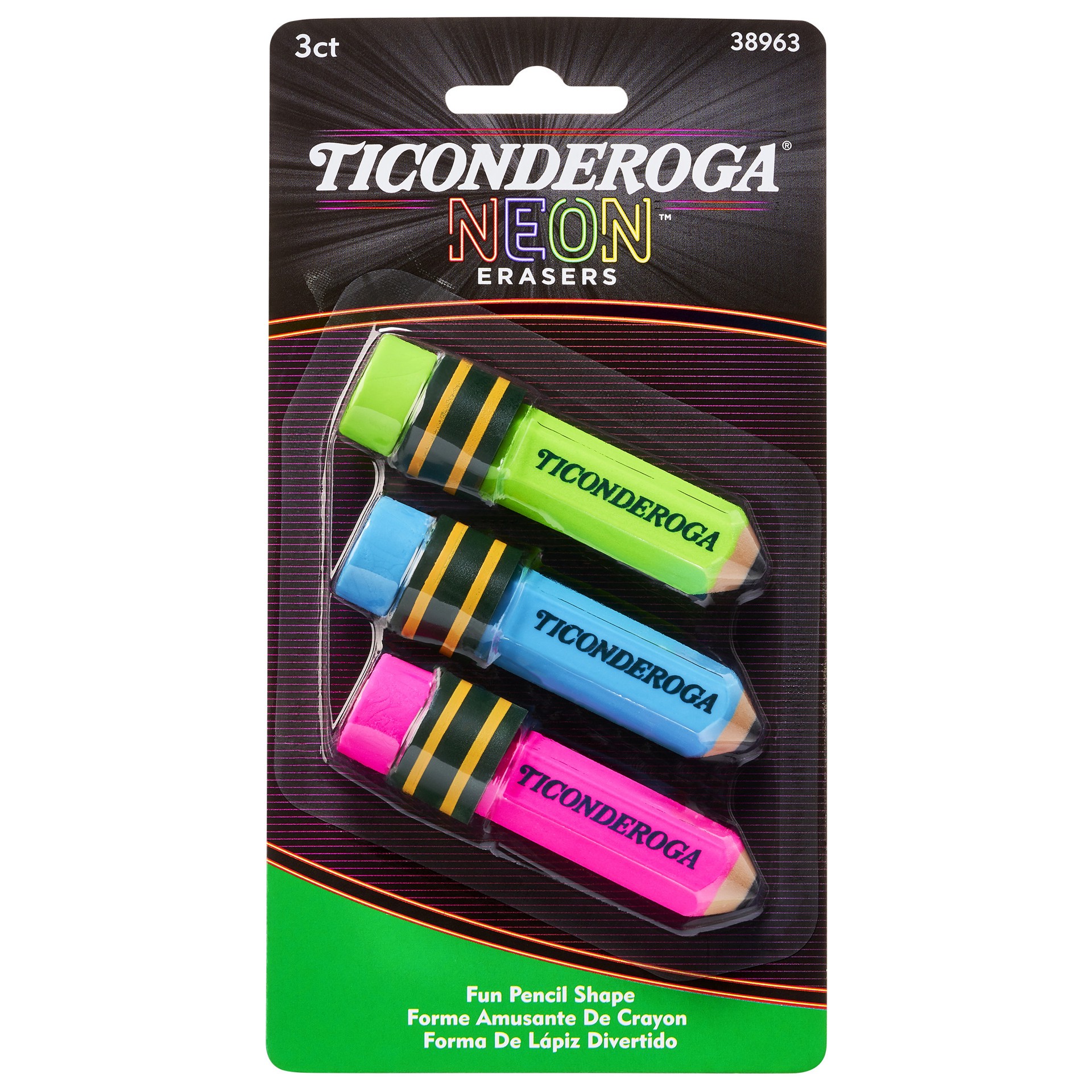 slide 1 of 5, Ticonderoga  Erasers Neon 3 CT, Neon Assorted, 3 Ct, 3 ct