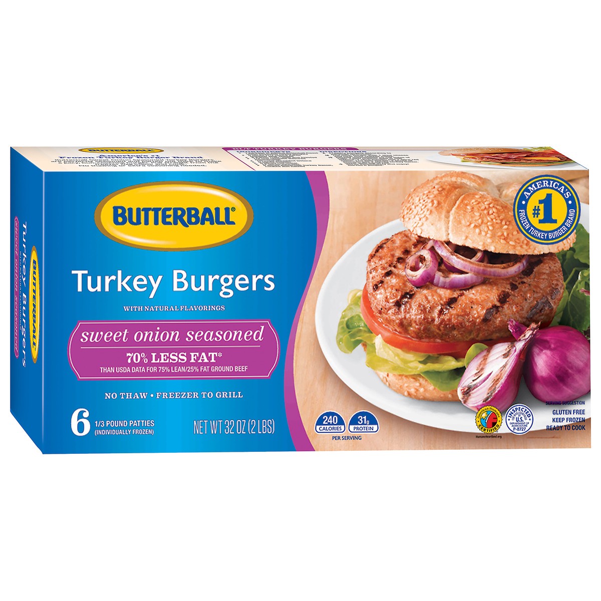 slide 4 of 11, Butterball Sweet Onion Frozen Turkey Burgers, 1/3 lb. Patties, 2 lb. Package, 32 oz