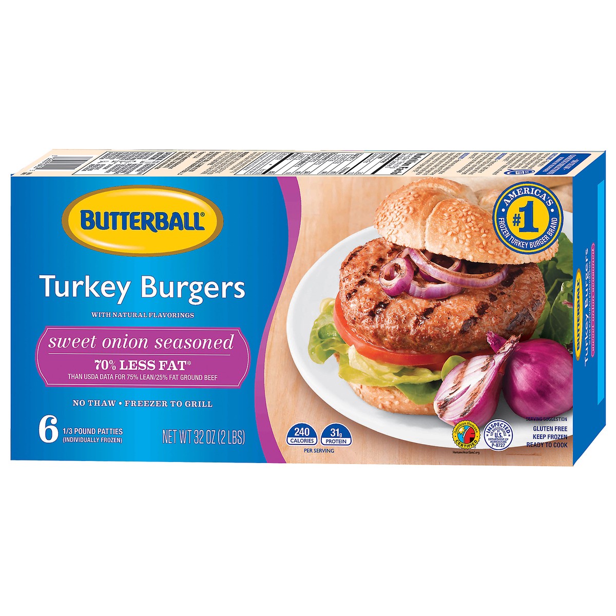 slide 11 of 11, Butterball Sweet Onion Frozen Turkey Burgers, 1/3 lb. Patties, 2 lb. Package, 32 oz