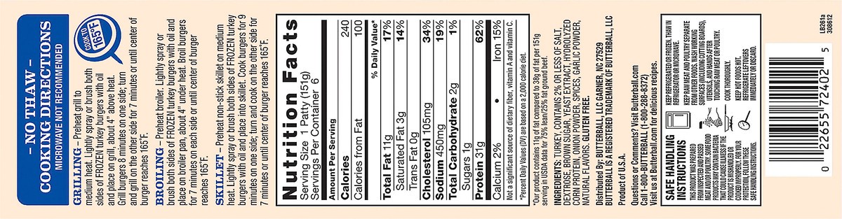 slide 10 of 11, Butterball Sweet Onion Frozen Turkey Burgers, 1/3 lb. Patties, 2 lb. Package, 32 oz