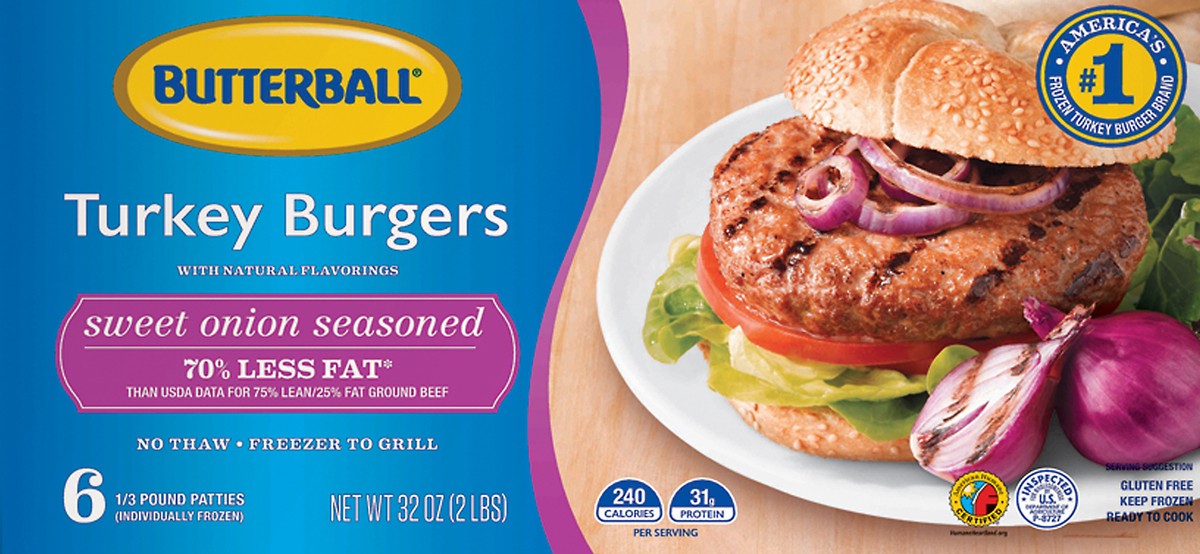 slide 9 of 11, Butterball Sweet Onion Frozen Turkey Burgers, 1/3 lb. Patties, 2 lb. Package, 32 oz