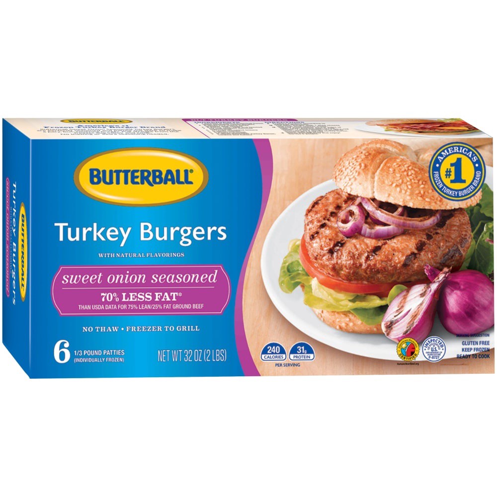 slide 1 of 11, Butterball Sweet Onion Frozen Turkey Burgers, 1/3 lb. Patties, 2 lb. Package, 32 oz