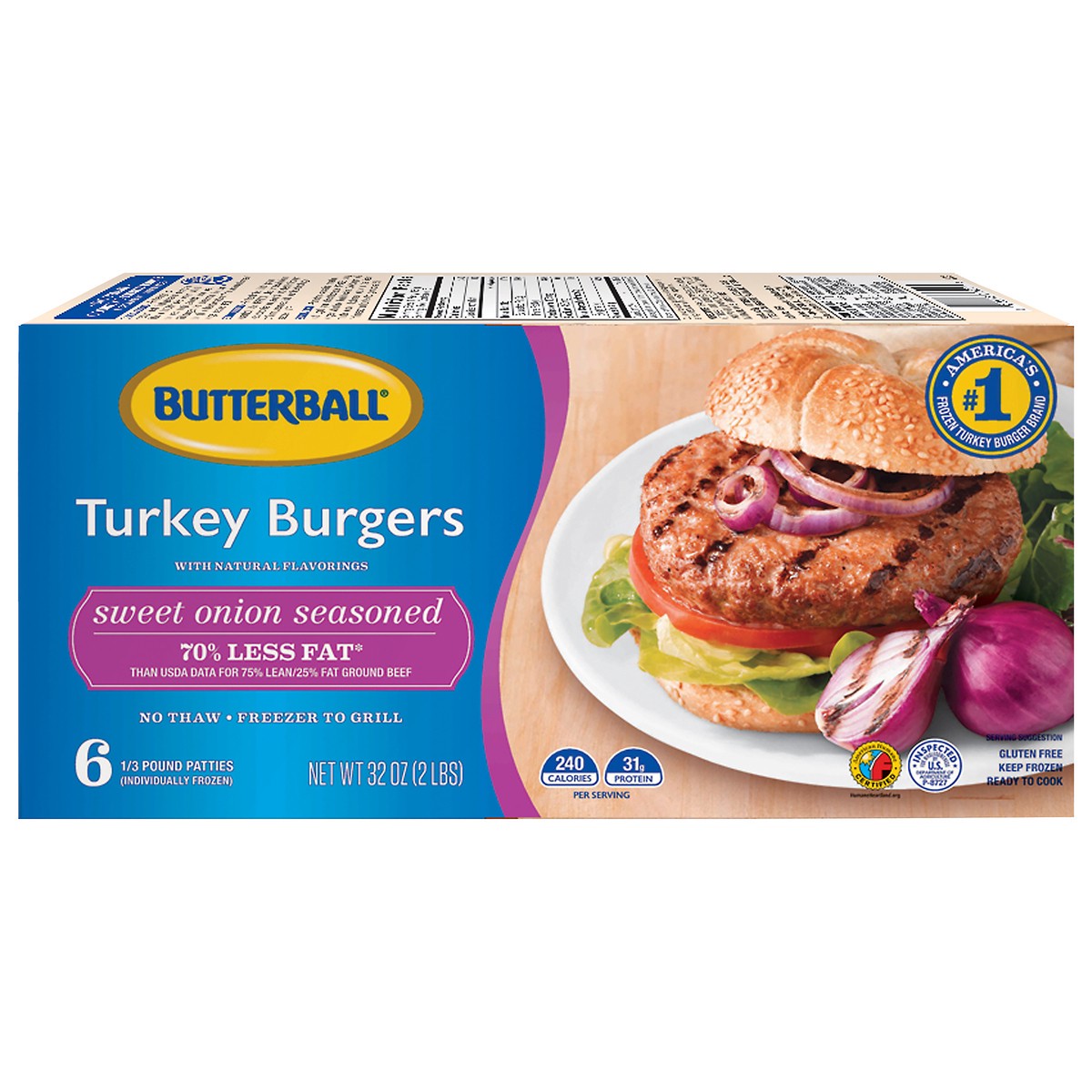 slide 8 of 11, Butterball Sweet Onion Frozen Turkey Burgers, 1/3 lb. Patties, 2 lb. Package, 32 oz