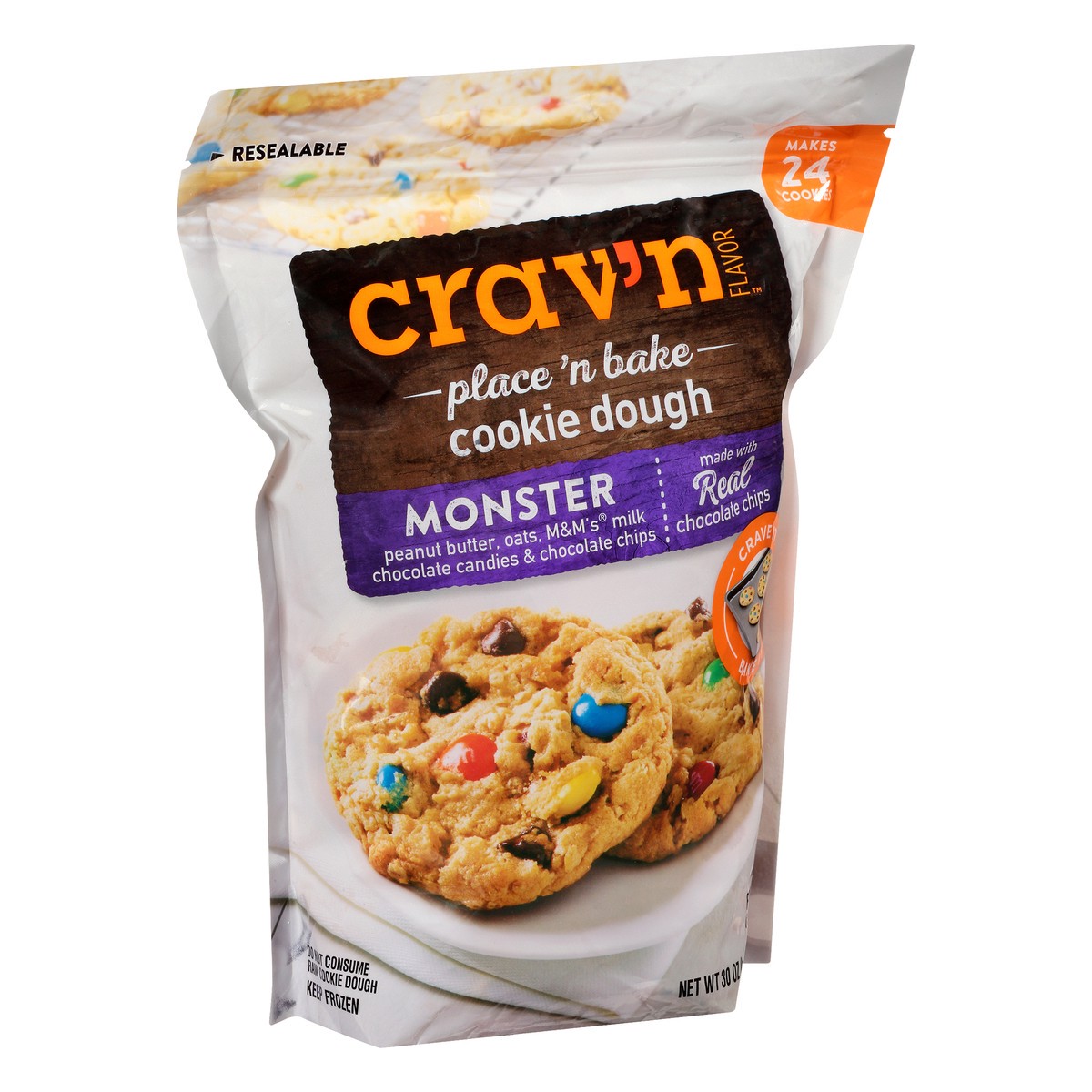 slide 12 of 13, Crav'n Flavor Place 'N Bake Monster Cookie Dough 30 oz Bag, 30 oz