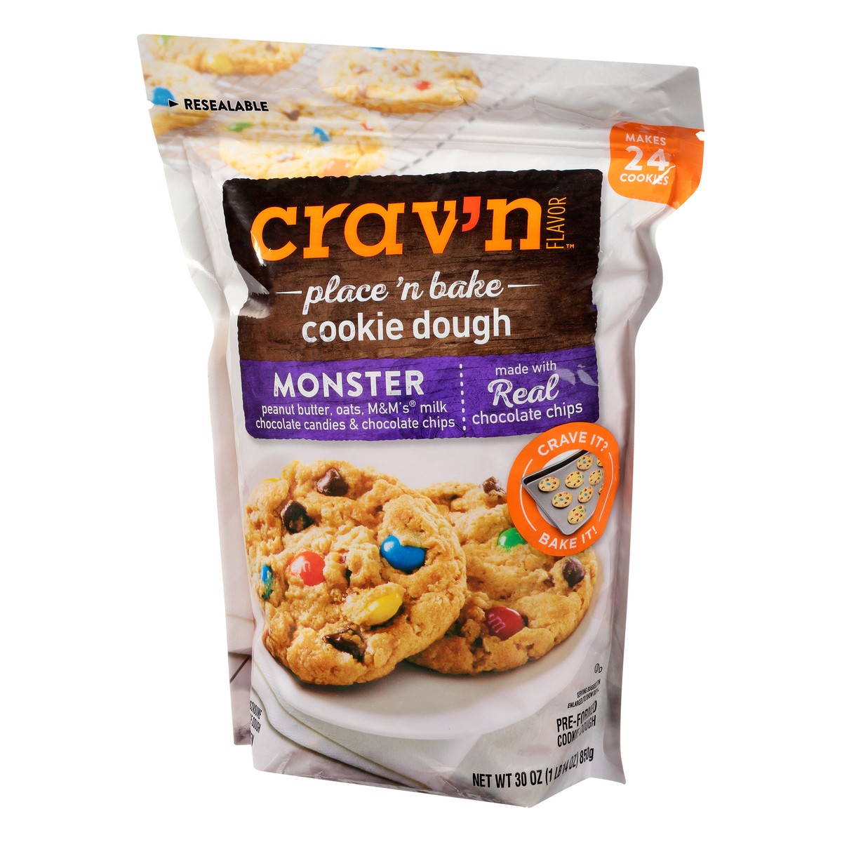 slide 9 of 13, Crav'n Flavor Place 'N Bake Monster Cookie Dough 30 oz Bag, 30 oz