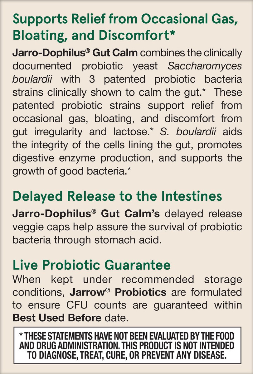 slide 2 of 6, Jarrow Formulas Jarro-Dophilus Gut Calm Probiotic - 8 Billion CFU - 30 Delayed Release Veggie Caps, Supports Relief from Occasional Gas, Bloating & Discomfort, 1 ct