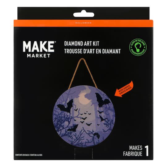slide 1 of 4, 8" Glow-In-The-Dark Bats Round Wood Plaque Diamond Art Kit By Make Market, 8 in