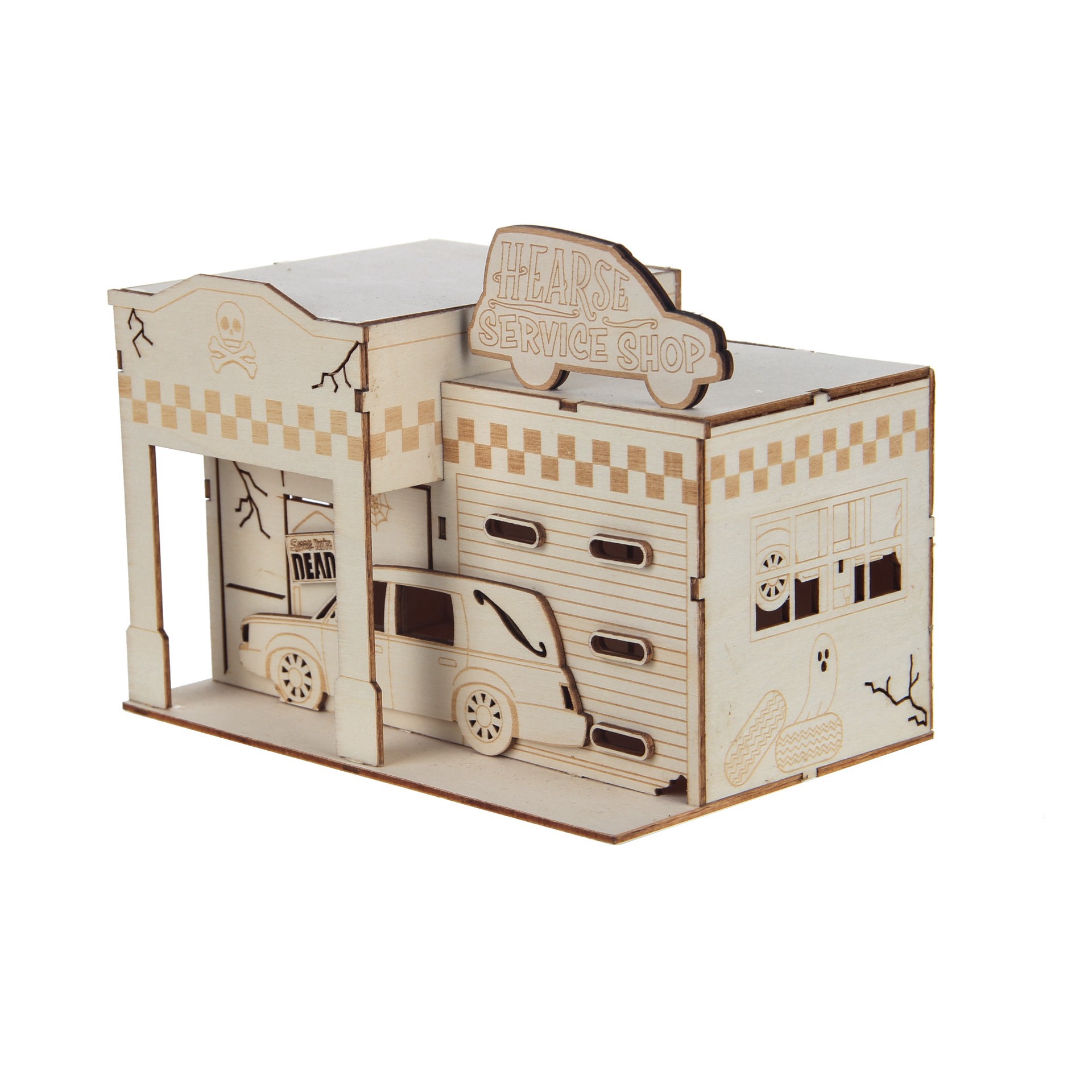 slide 2 of 5, 8" Diy Village Hearse Shop Led Wood Decor By Make Market, 8 in