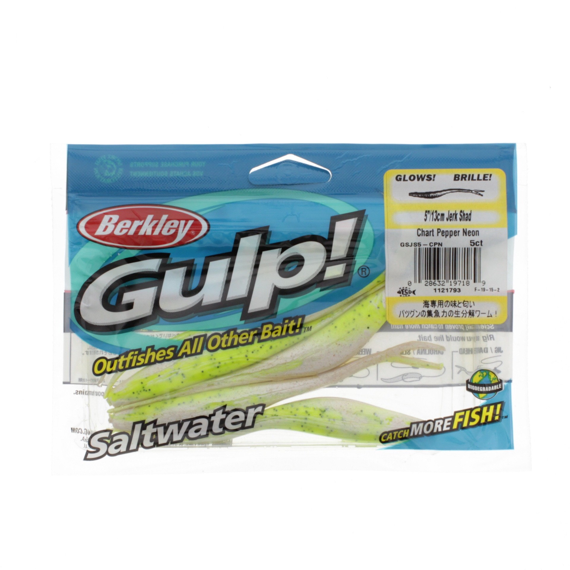 slide 1 of 1, Berkley Chartreuse Pepper Neon 5 Inch Gulp! Jerk Shad Bait, 5 ct
