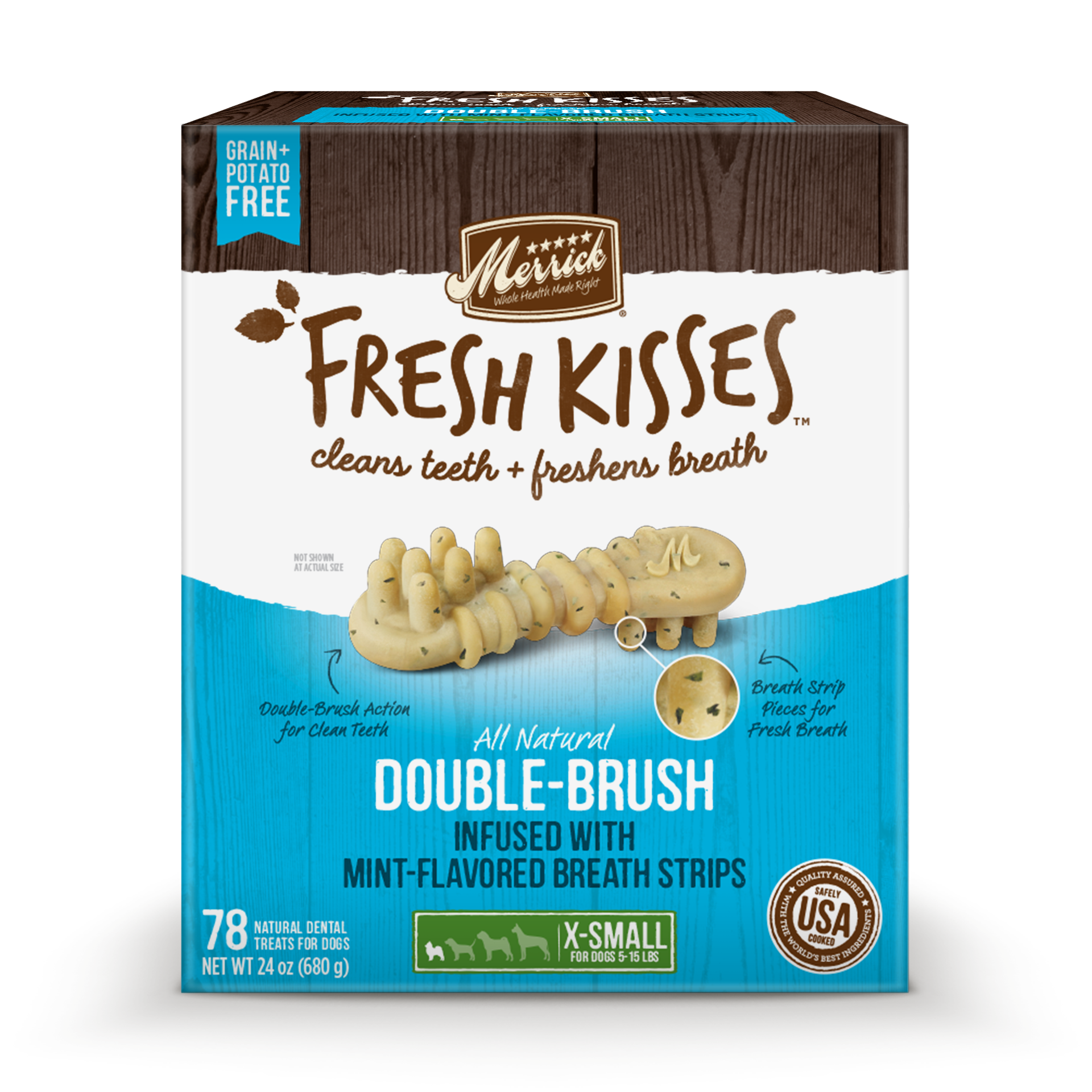 slide 1 of 4, Merrick Fresh Kisses Double-Brush Dental Dog Treats With Mint Breath Strips For Toy Breeds - 24 oz Box with 78 Brushes, 24 oz