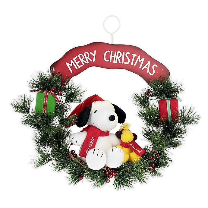 slide 1 of 1, Peanuts Snoopy and Woodstock Merry Christmas'' Wreath'', 18 in