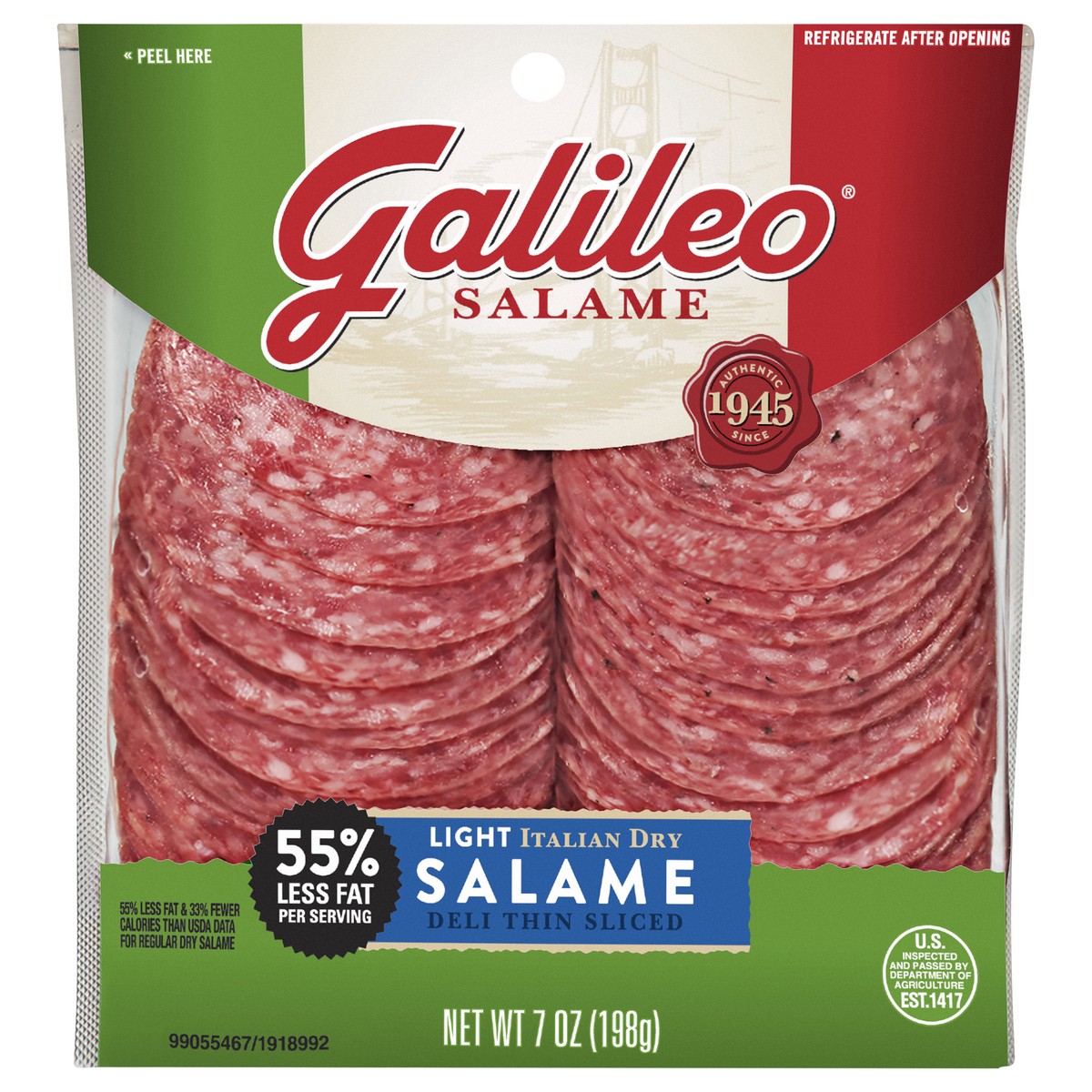 slide 6 of 6, Galileo Salame Deli Thin Sliced Light Italian Dry Salami, 7 oz., 198.45 g