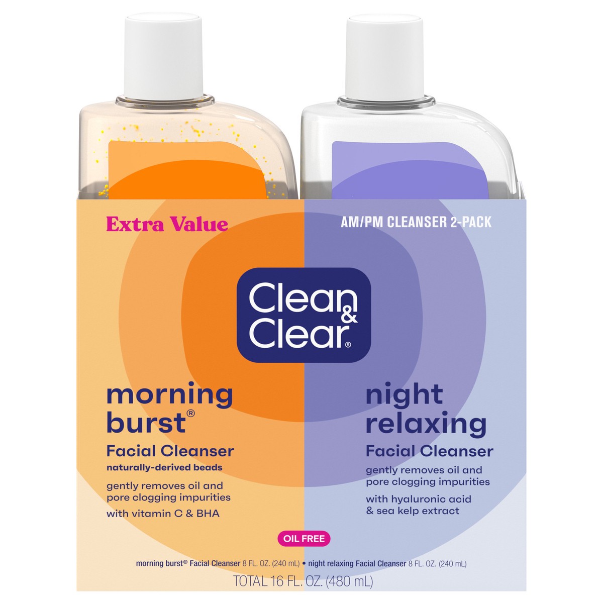 slide 1 of 11, Clean & Clear 2-Pack Day and Night Face Cleansers with Citrus Morning Burst Facial Cleanser with Vitamin C & Relaxing Night Facial Cleanser with Sea Minerals, Oil Free & Non-Comedogenic, 2 ct
