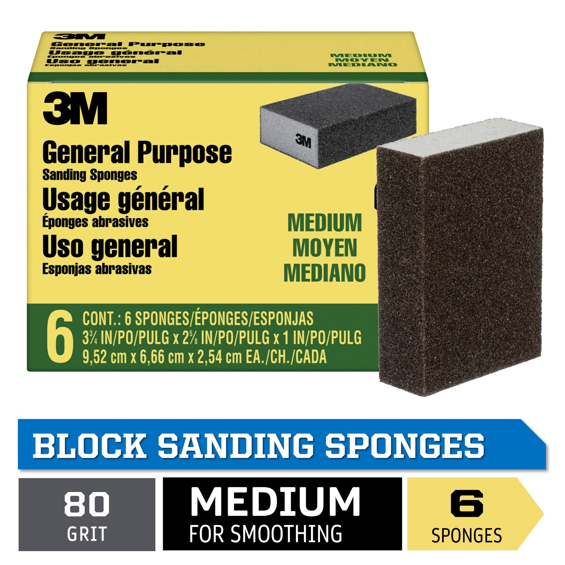 slide 1 of 5, 3M All Purpose Medium 80-Grit Sanding sponge 2.62-in x 3.75-in 6 -Pack, 1 ct