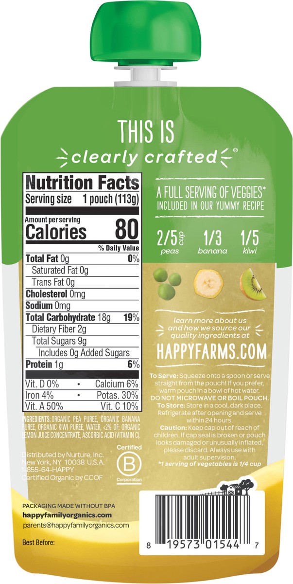 slide 3 of 6, Happy Baby Organics Clearly Crafted Stage 2 Peas, Bananas & Kiwi Pouch 4oz UNIT, 4 oz