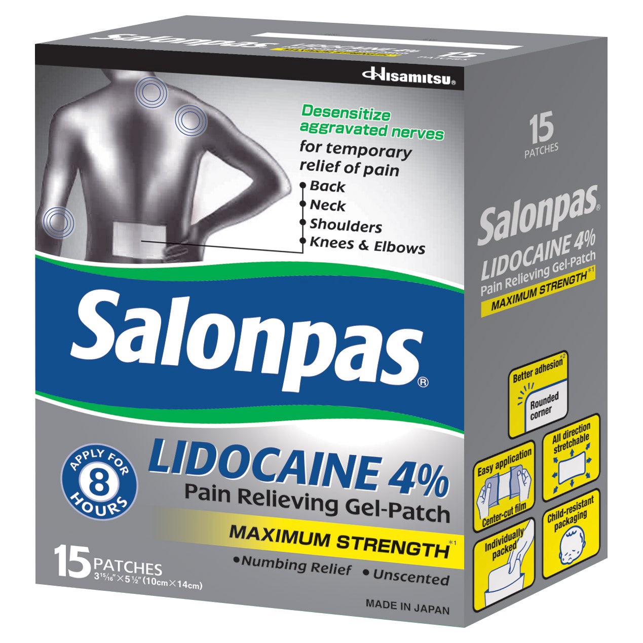 slide 1 of 2, Salonpas LIDOCAINE 4% Pain Relieving Gel-Patch, 15 Patches, 