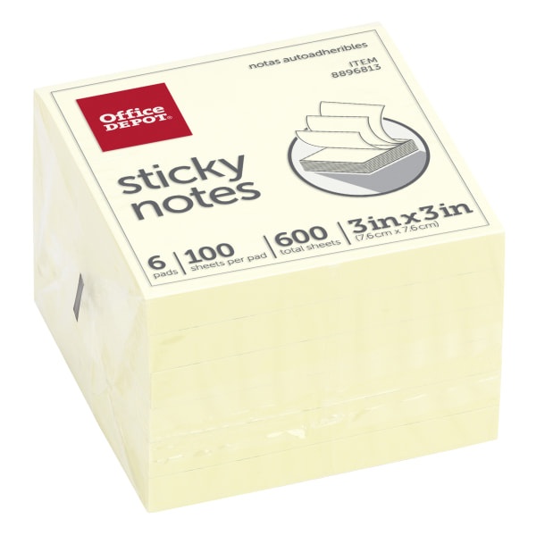 slide 1 of 2, Office Depot Brand Sticky Notes, 3'' X 3'', Pastel Yellow, 100 Sheets Per Pad, Pack Of 6 Pads, 6 ct