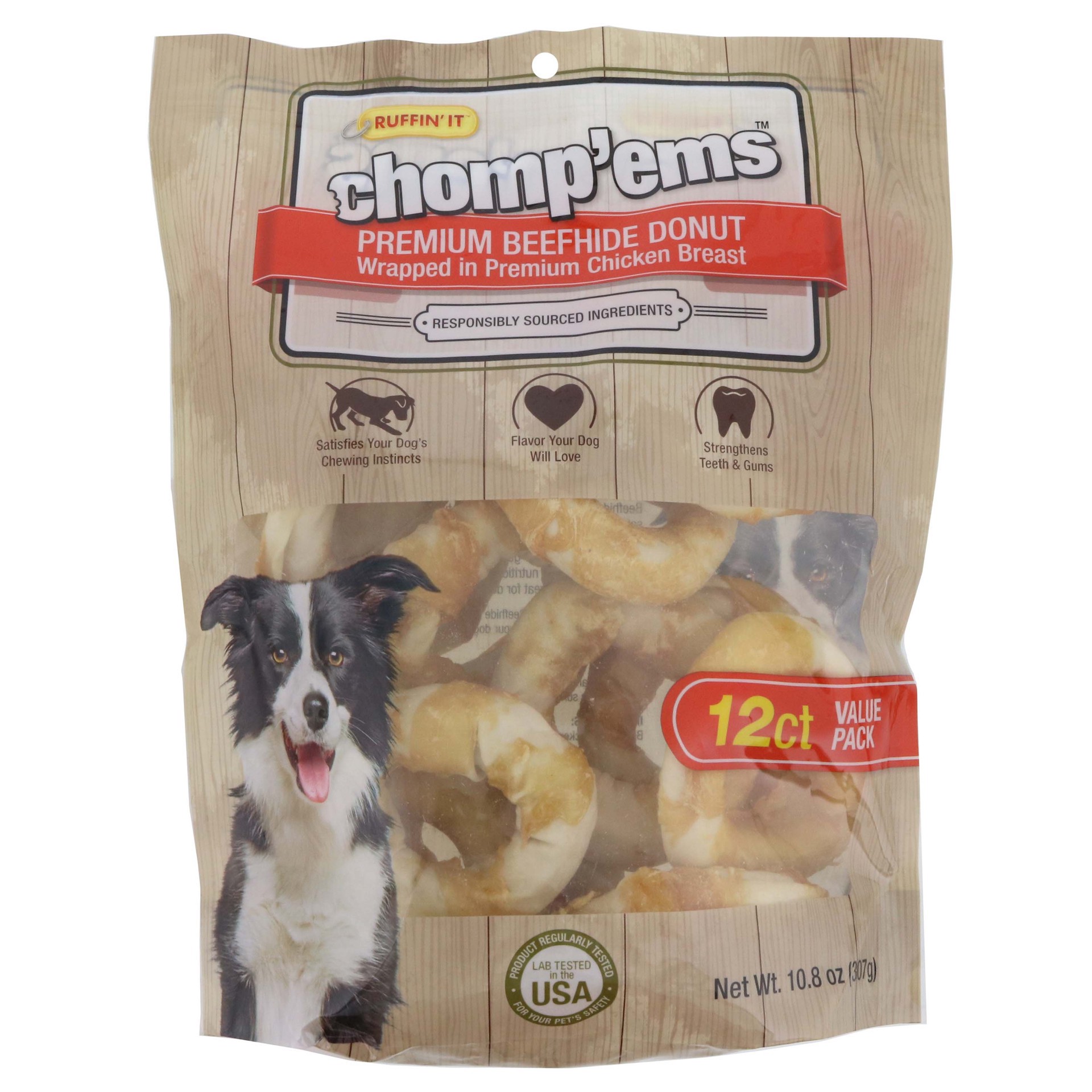 slide 1 of 1, Ruffin' It Chomp'ems Premium Beefhide Donuts Wrapped in Chicken Breast Dog Treats, 12 ct