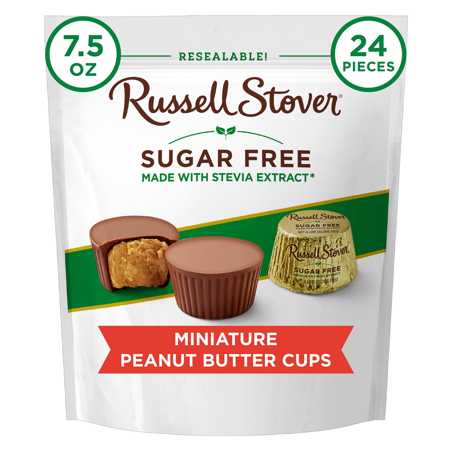 slide 1 of 3, RUSSELL STOVER Sugar Free Miniature Peanut Butter Cup Chocolate Candy, 7.5 oz. bag (˜ 24 pieces),