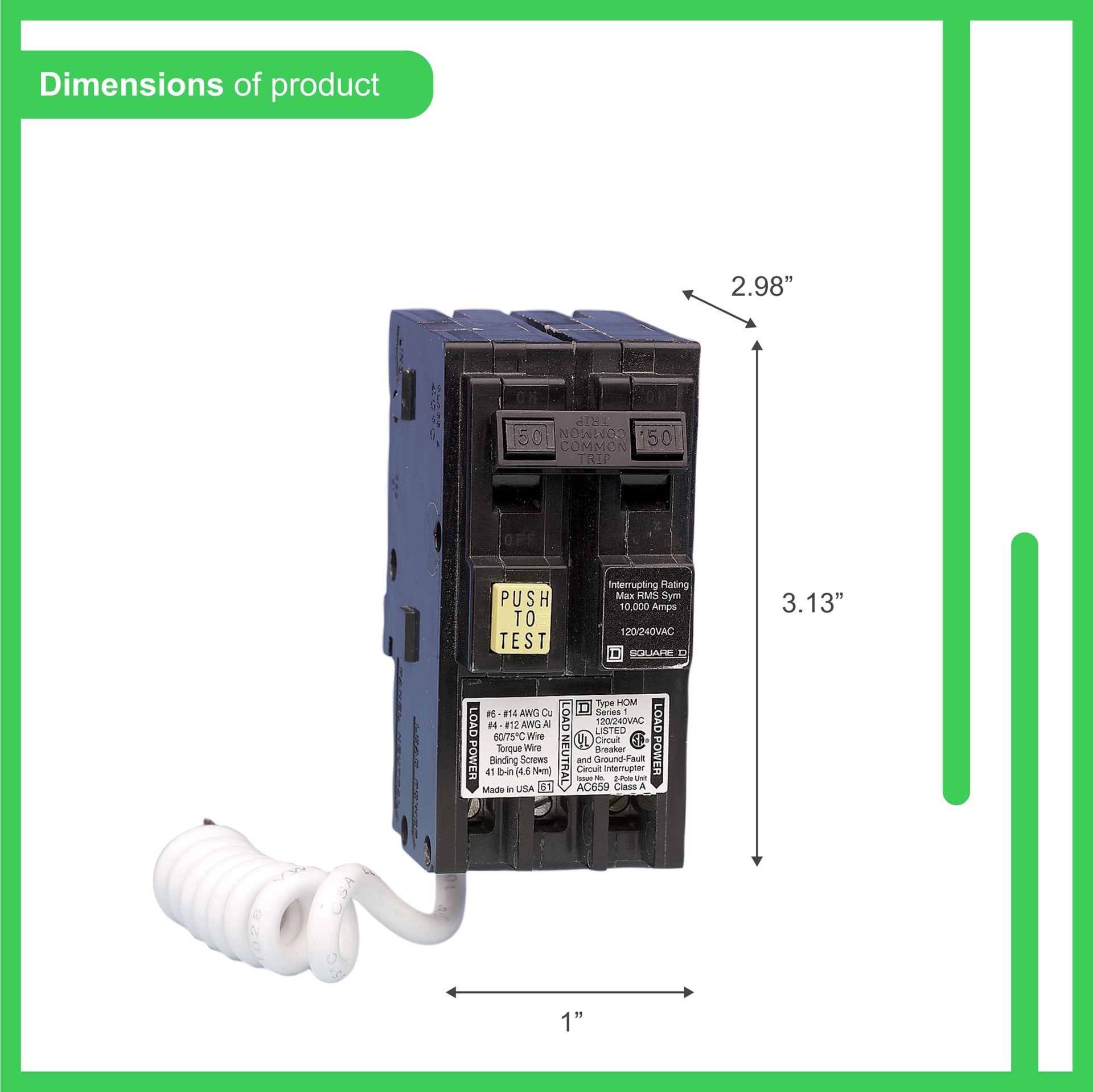 slide 3 of 6, Square D Homeline 50-amp 2 -Pole GFCI Circuit Breaker, 1 ct