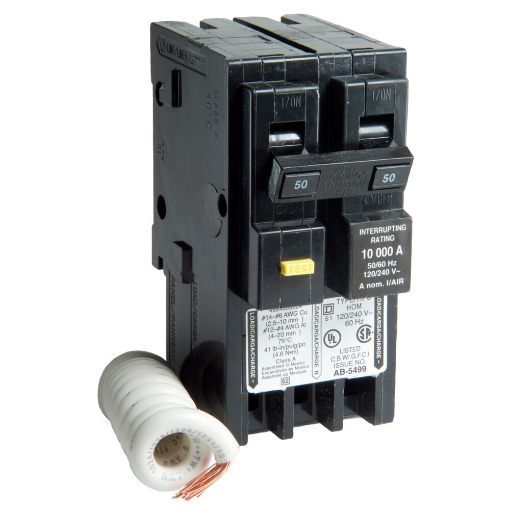 slide 6 of 6, Square D Homeline 50-amp 2 -Pole GFCI Circuit Breaker, 1 ct