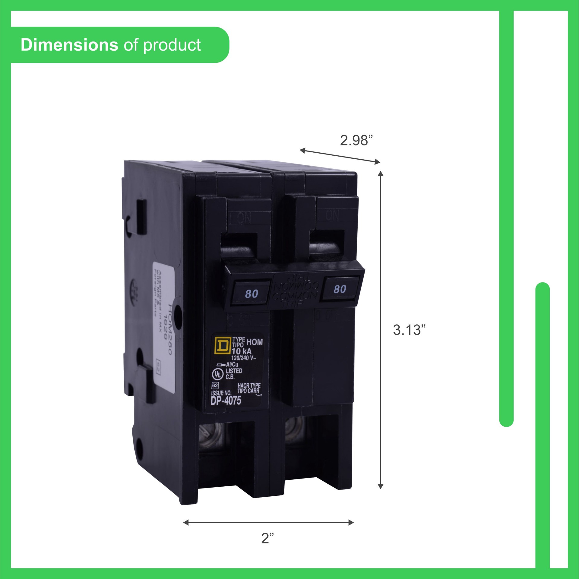 slide 3 of 4, Square D Homeline 80-amp 2 -Pole Standard trip Circuit Breaker, 1 ct
