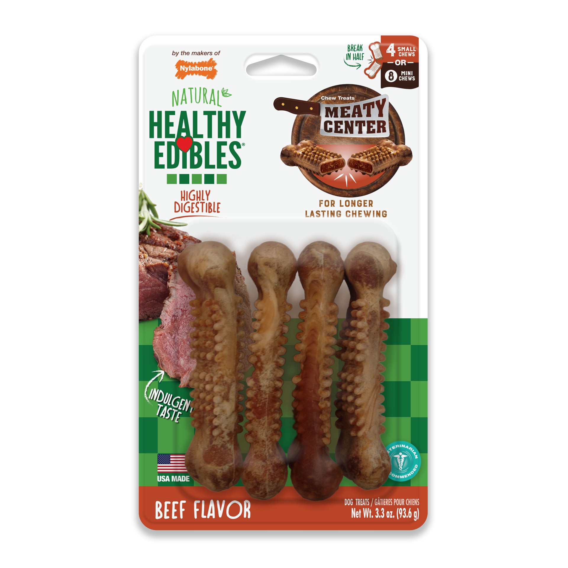 slide 1 of 10, Nylabone Healthy Edibles Meaty Center Natural Dog Treats Beef Small - Up to 30 lbs.(4 Count), 3.3 oz