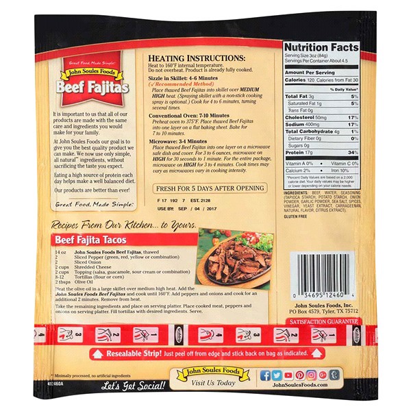 slide 4 of 5, John Soules Foods Fresh, Fully Cooked Beef Fajitas Family Size, 14 oz, 14 oz