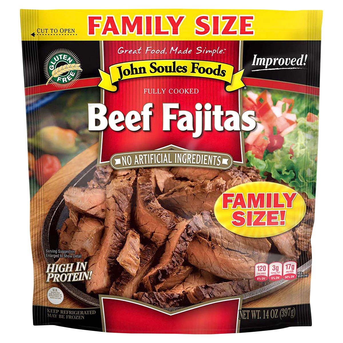 slide 1 of 5, John Soules Foods Fresh, Fully Cooked Beef Fajitas Family Size, 14 oz, 14 oz