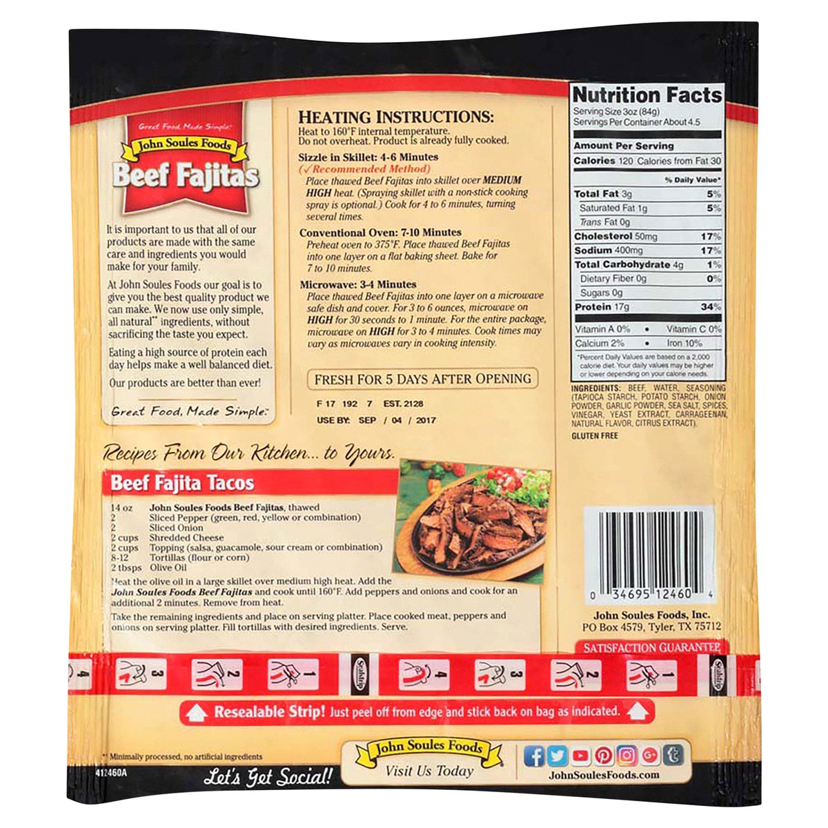 slide 5 of 5, John Soules Foods Fresh, Fully Cooked Beef Fajitas Family Size, 14 oz, 14 oz