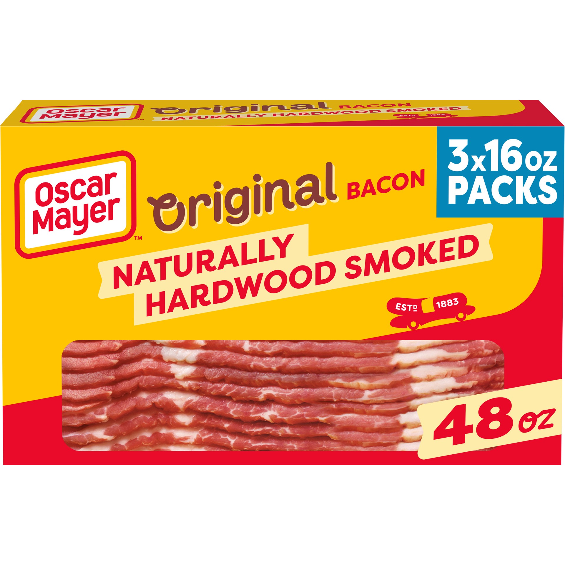 slide 1 of 5, Oscar Mayer Naturally Hardwood Smoked Bacon, 3 ct Box, 16 oz Packs, 53-55 total slices, 3 ct