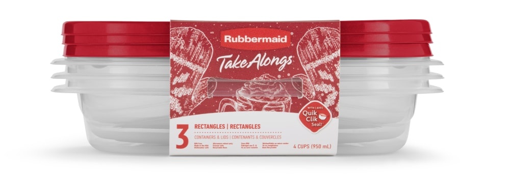 slide 1 of 1, Rubbermaid Take Alongs Rectangular Food Storage Containers 3 Pack - Clear/Red, 3 ct