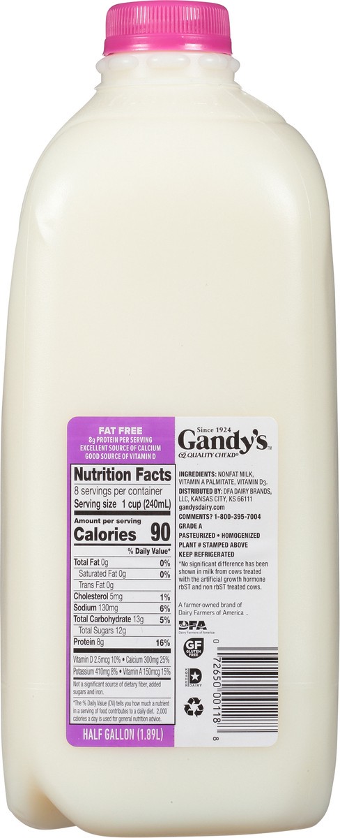 slide 5 of 14, Gandy's Fat Free Milk 0.5 gal, 1/2 gal