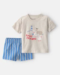 Toddler Boy 2-Piece Seagull Top & Short Set - Brown/Blue, 2T