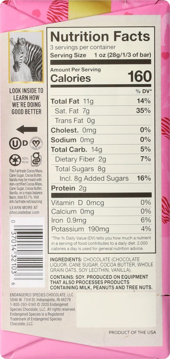 slide 7 of 9, Endangered Species 72% Cocoa Oat Milk Dark Chocolate 3 oz, 3 oz