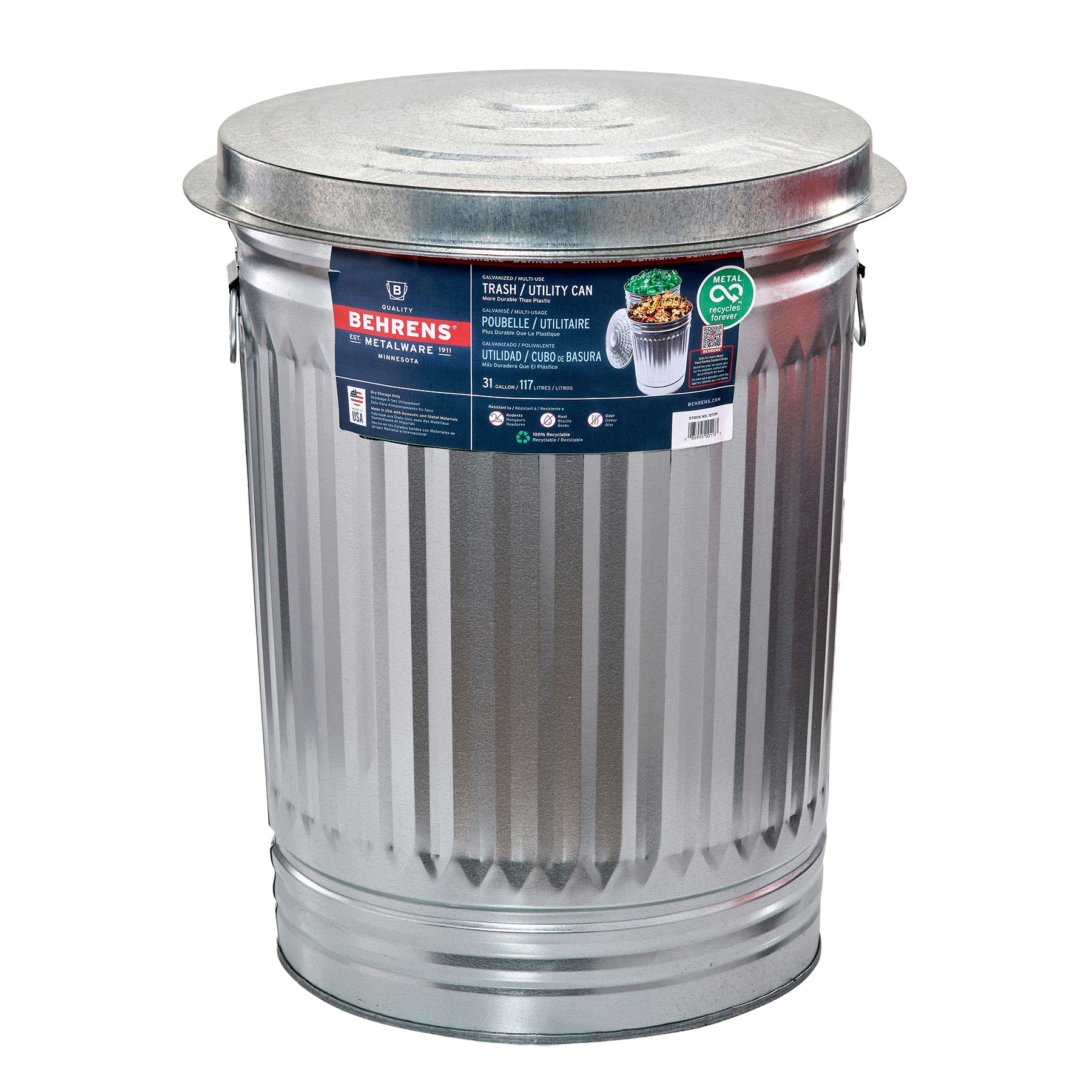 slide 1 of 6, Behrens 31-Gallons Silver/Galvanized Metal Outdoor Kitchen Trash Can with Lid, 1 ct