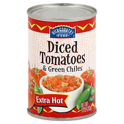 slide 1 of 1, Hill Country Fare Extra Hot Diced Tomatoes and Green Chilies, 10 oz