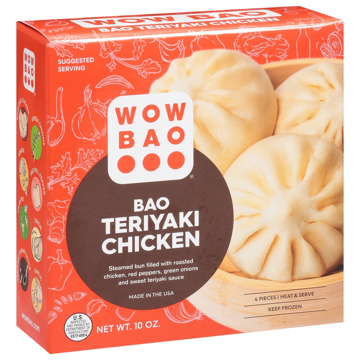 slide 12 of 13, Wow Bao Steamed bun filled with roasted chicken, bell peppers, green onion and sweet teriyaki sauce, 10 oz