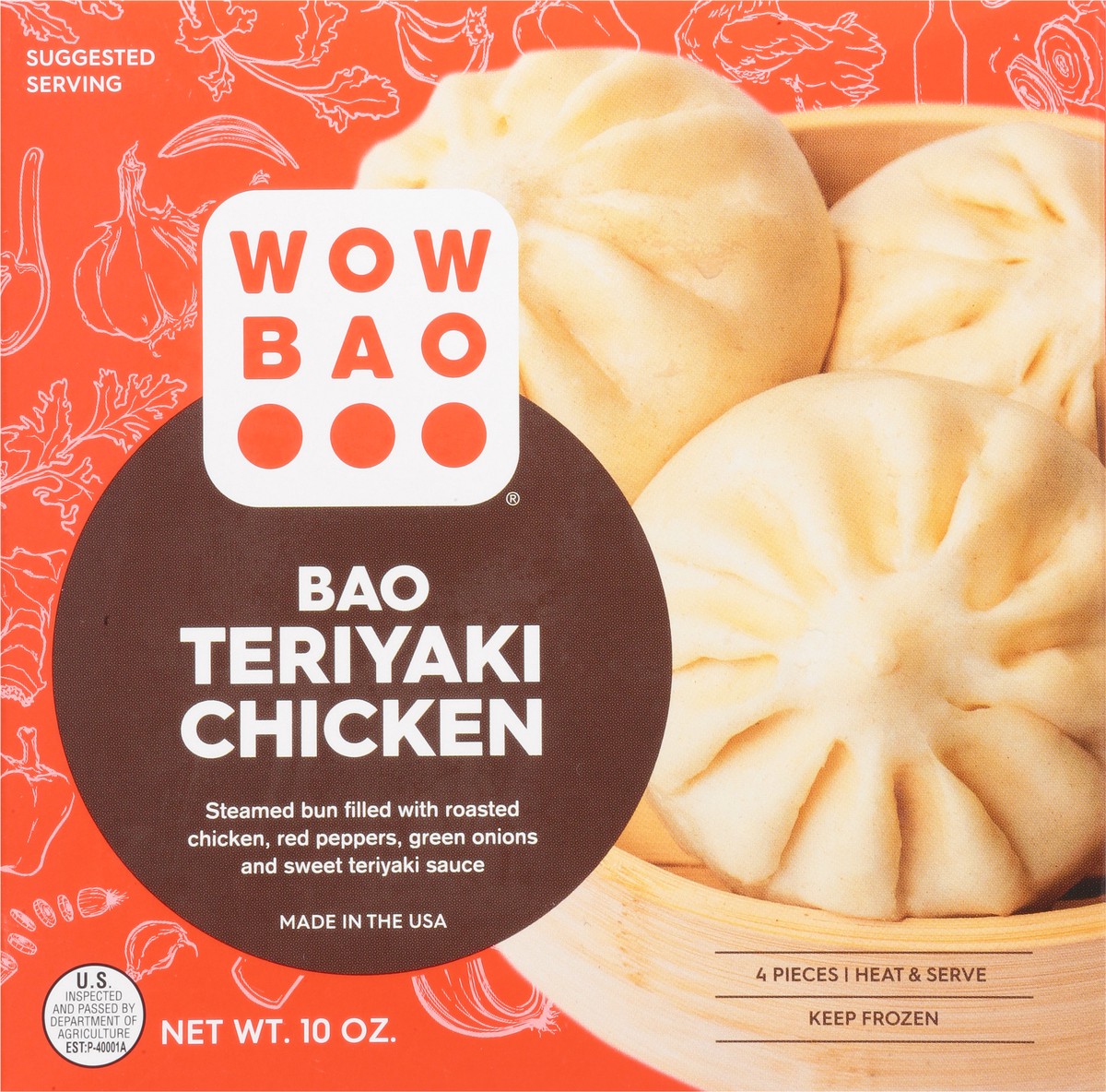 slide 10 of 13, Wow Bao Steamed bun filled with roasted chicken, bell peppers, green onion and sweet teriyaki sauce, 10 oz