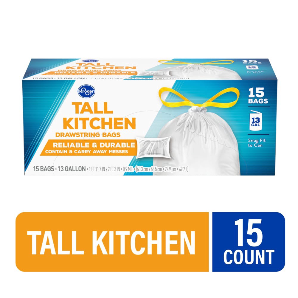 slide 2 of 2, Kroger Tall Kitchen 13 Gallon Drawstring Trash Bags, 15 ct
