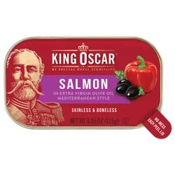 King Oscar Skinless & Boneless Premium Salmon in Olive Oil, Mediterranean Style, 4.05 oz
