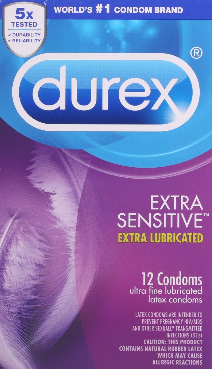 slide 1 of 9, Durex Extra Sensitive Lubricated Ultra Thin Premium Condoms, Regular Fit, 12 Count, 12 oz