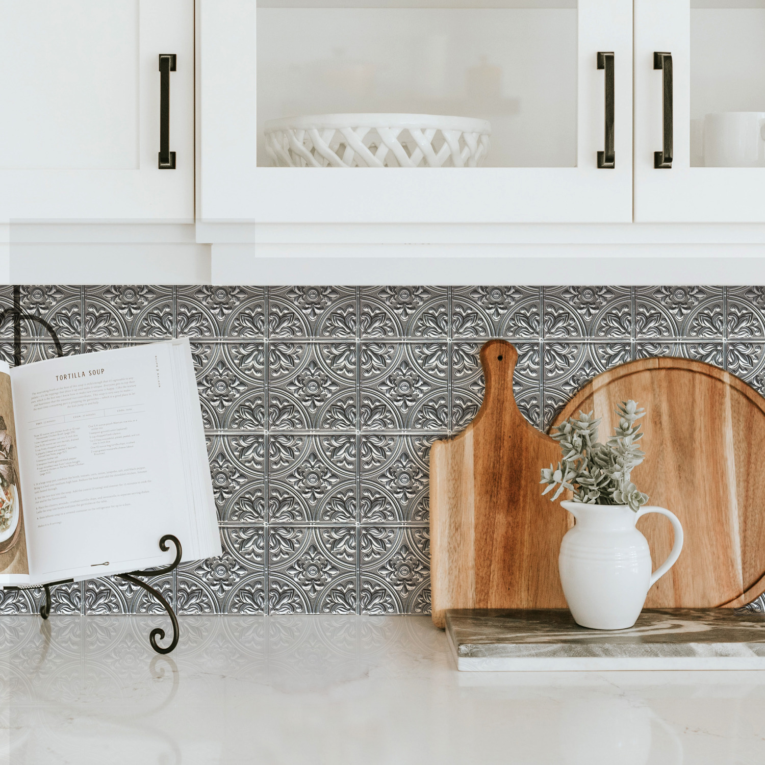 slide 2 of 3, RoomMates Peel and Stick Tile Backsplash, Silver Tin, 10.5"x10.5", 6 ct