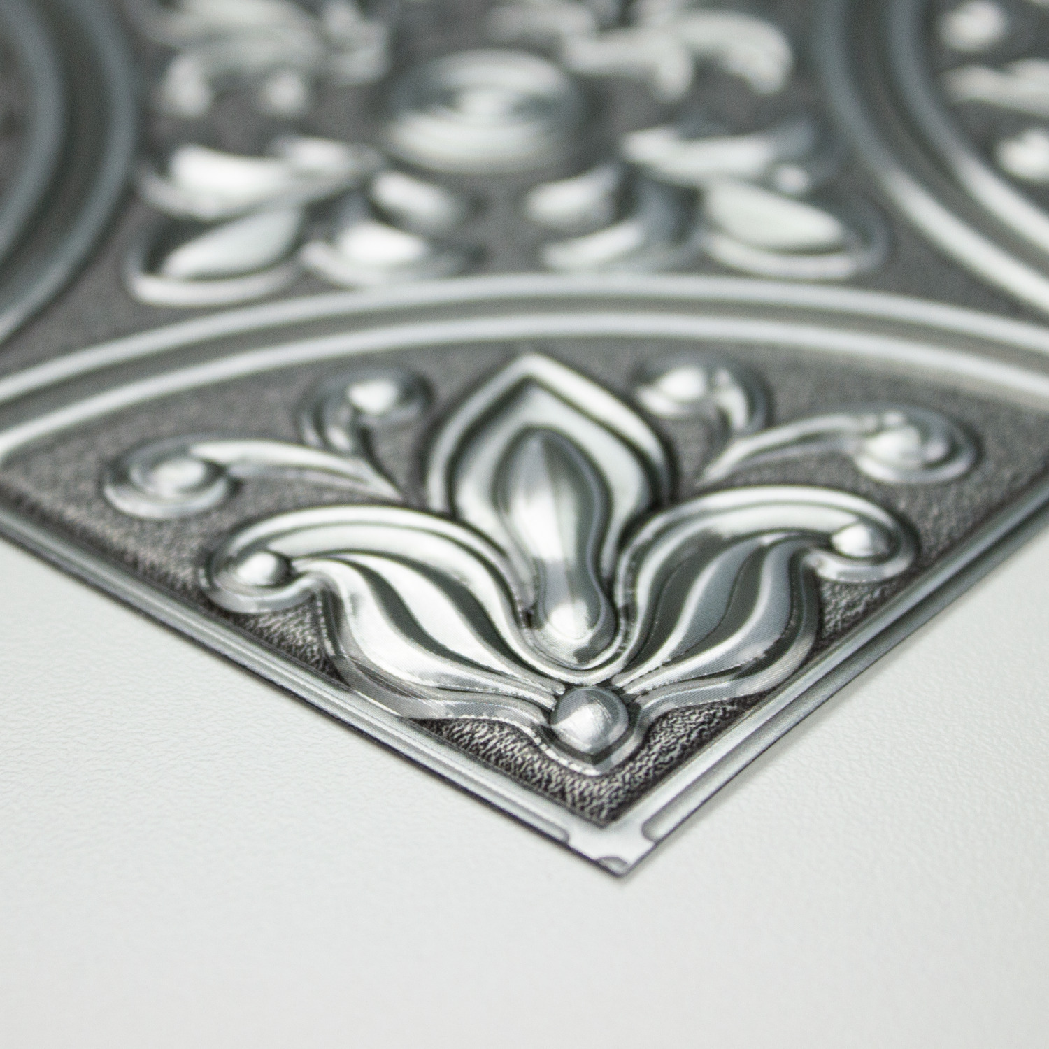 slide 3 of 3, RoomMates Peel and Stick Tile Backsplash, Silver Tin, 10.5"x10.5", 6 ct