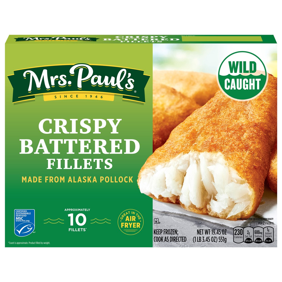 slide 1 of 5, Mrs. Paul's Crispy Battered Fillets, 10 Fillets, 19.45 oz, 19.45 oz